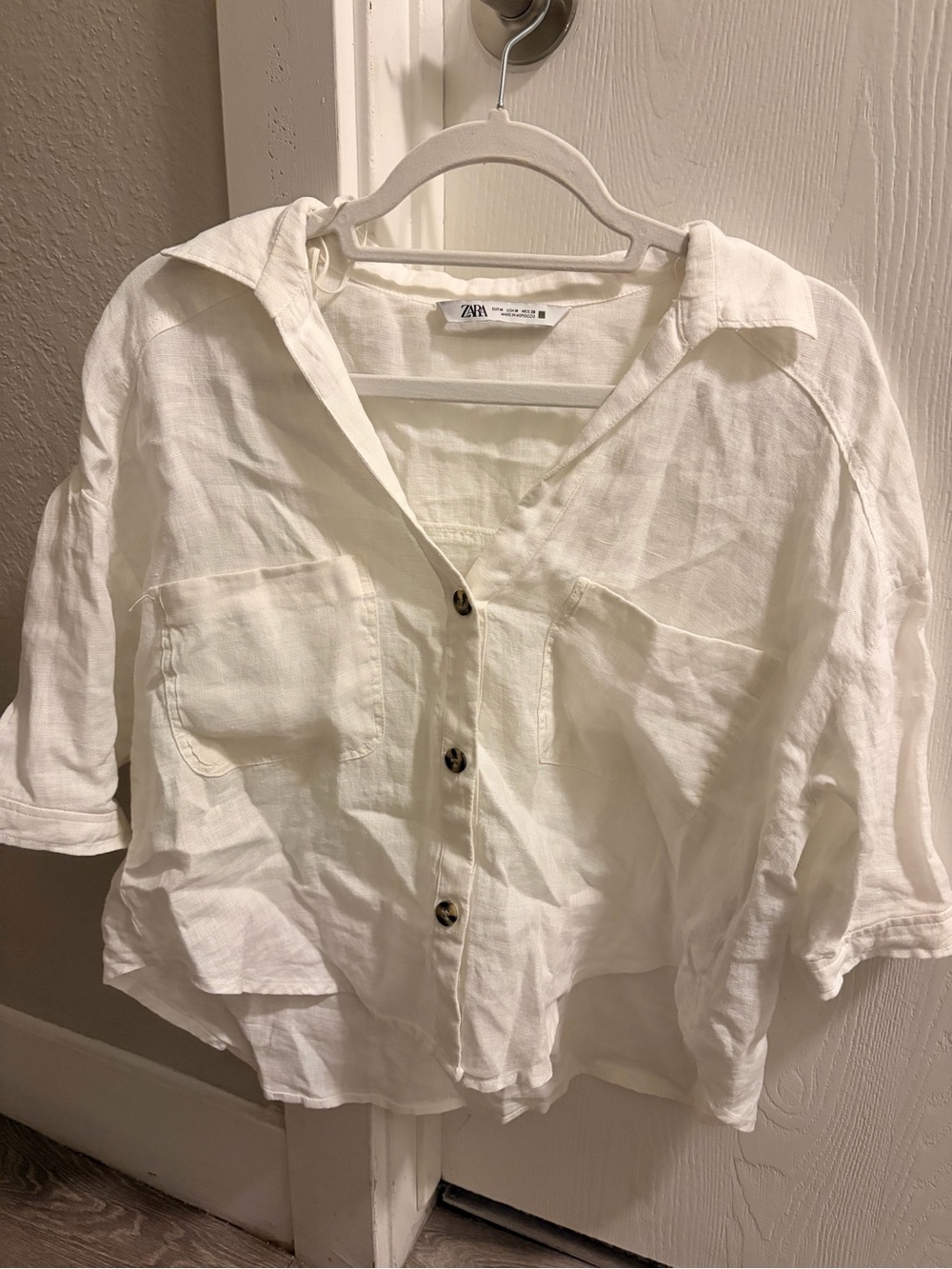 Zara White Button-Front Linen Blend Women's Shirt